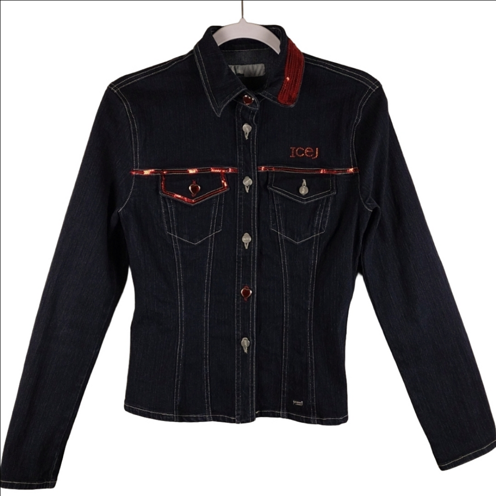 Ice Jeans Iceberg Dark Blue Red Sequin Long Sleeve Button Front Denim Jacket